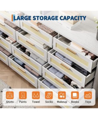 12 Drawer Dresser for Bedroom, Wood Storage Organizer with Rattan Panel Drawers and Handles - Modern Rattan Chest of Drawers