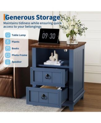 Set of 2 18 Inch Blue Fluted Wood Nightstands, Bedside End Table with USB Charging Station