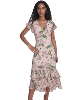 Women's Flutter Sleeve V-Neck Midi Dress