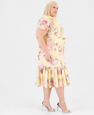Plus Size Printed Belted Tiered Cotton Poplin Midi Dress