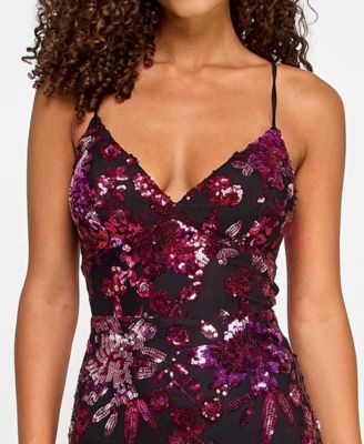 Juniors' Sequin Embellished V-Neck Sleeveless Gown