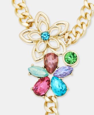 Multicolor Crystal Flower Lariat Necklace, 20" + 3" extender 