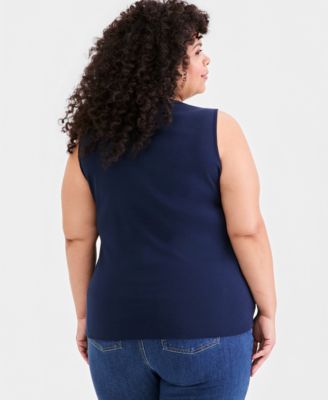 Plus Size Split-Neck Solid Knit Tank Top