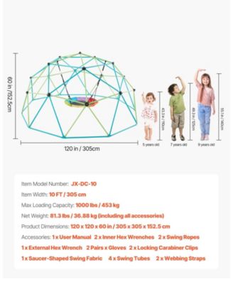 10FT Kids Climbing Dome 1000 LB Capacity with Saucer Swing