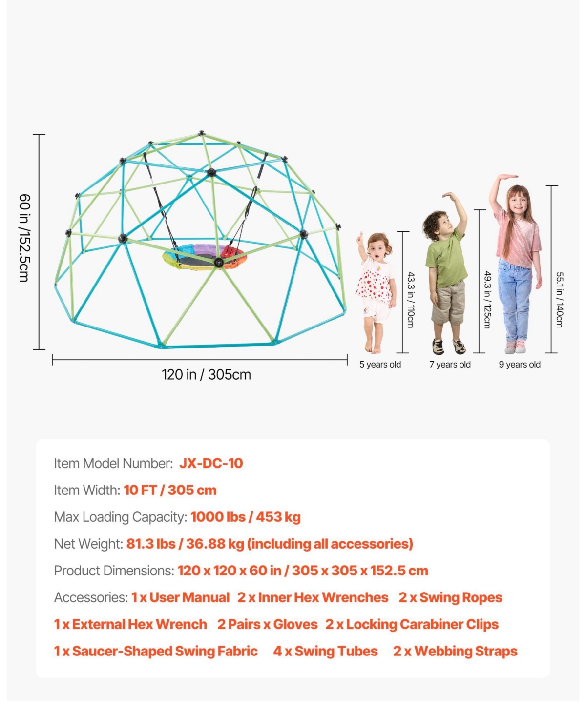 Sugift 10FT Kids Climbing Dome 1000 Lb Capacity with Saucer Swing