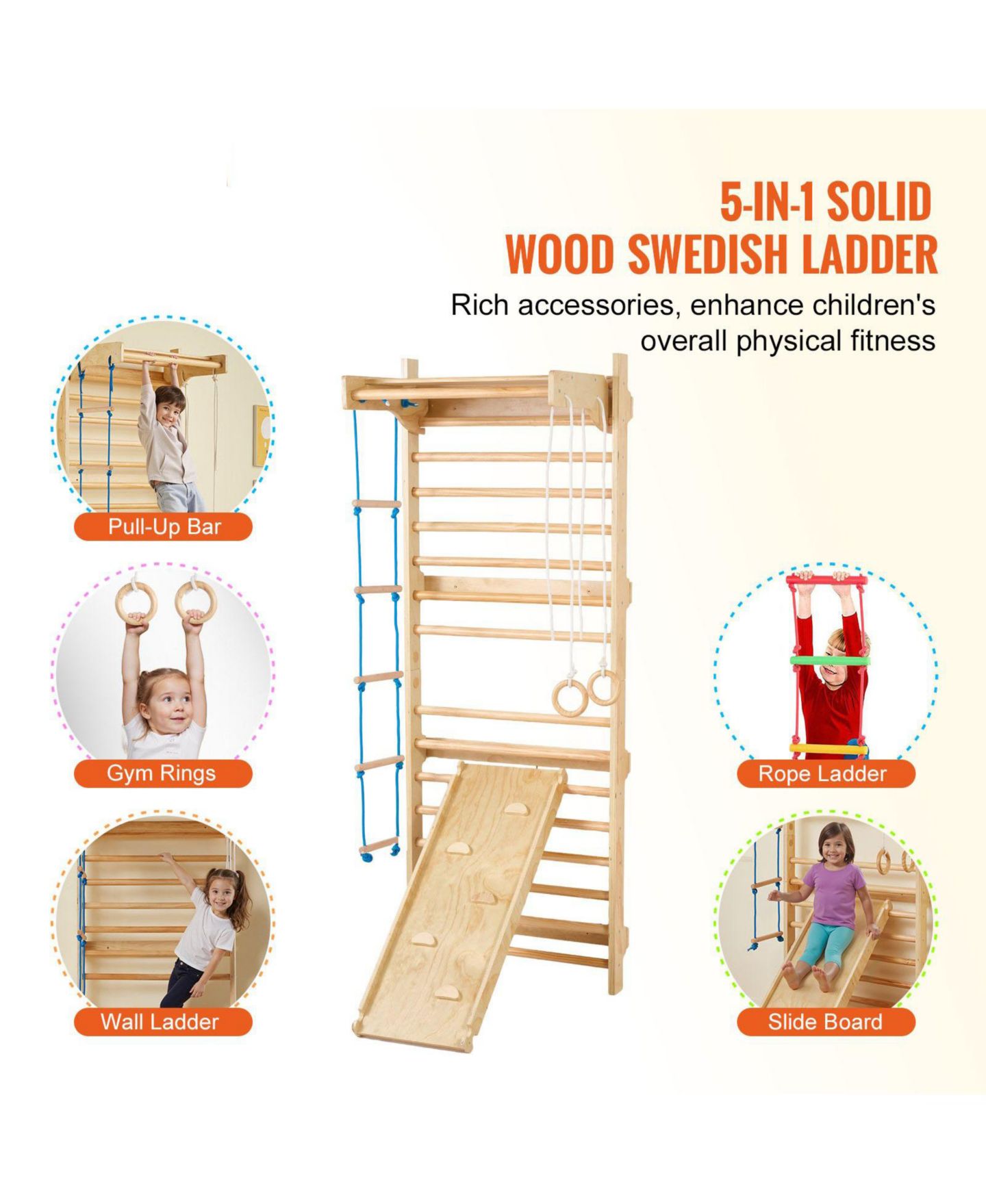 Детская игрушка SUGIFT 5-in-1 Swedish Ladder Wall Gym with Slide & Climbing Features, цвет: Натуральный — фото 4
