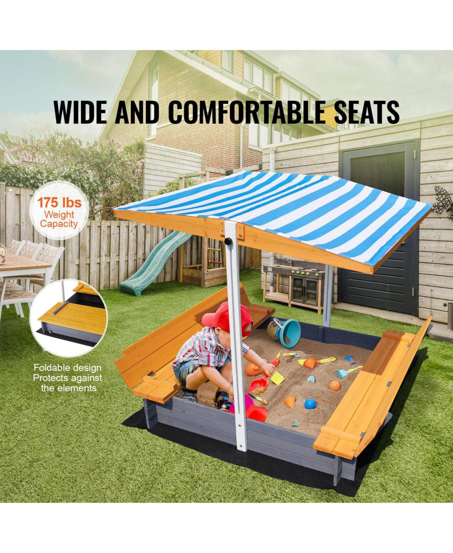 Детская игрушка SUGIFT Large Wooden Sandbox with Canopy & Bench Seats, цвет: Серый — фото 8