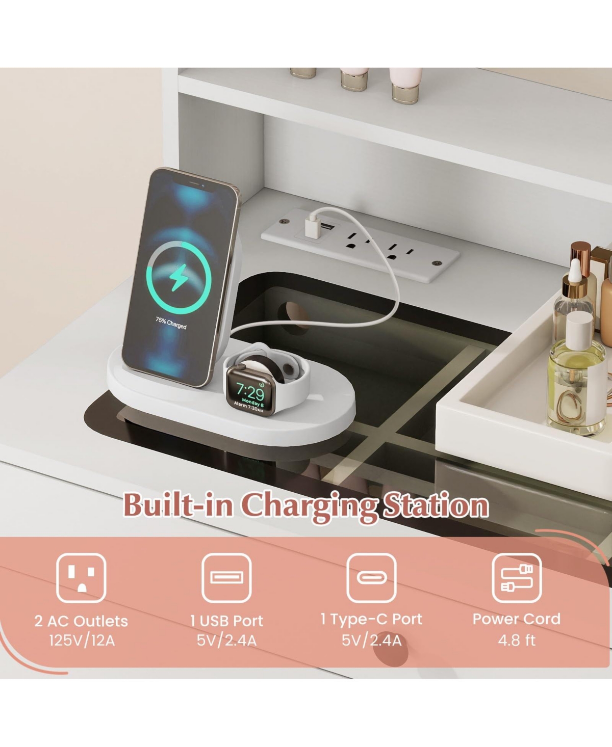 Volenca Small Vanity Desk with Lighted Mirror and Lights for Bedroom, Makeup Table