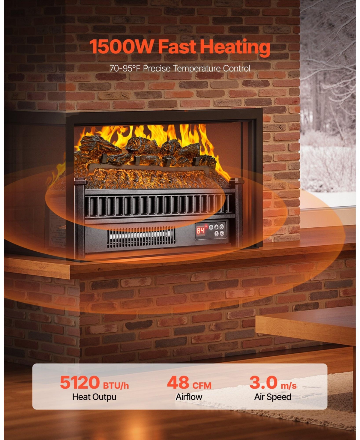 Electric Fireplace Log 20" Insert Heater with Remote 24H Timer Black