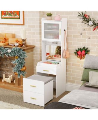 Makeup Vanity with Power Outlets and Flip-Top Mirror, Storage Stool Included