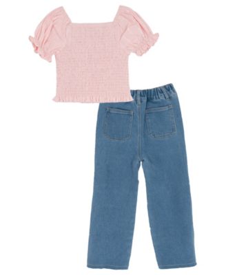 Girls' 2T-6X Smocked Top and Denim Pants, 2-Piece Set