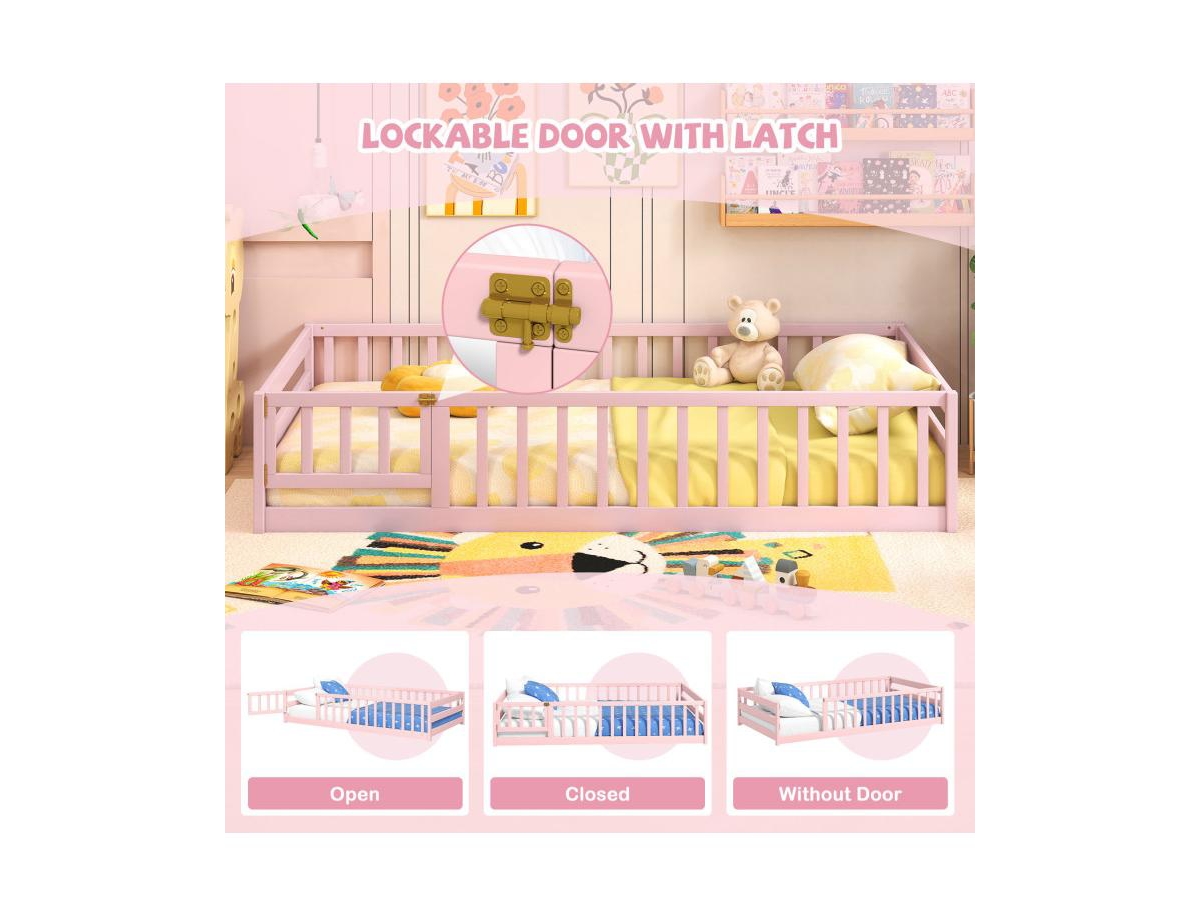 Twin Size Kids Wood Montessori Floor Bed with Door and Fence