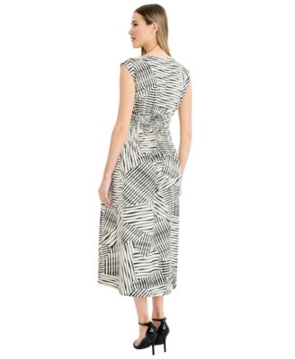 Women's Printed Boat Neck Sleeveless Midi Dress