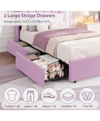 Twin Size Boucle Upholstered Platform Bed with Wavy Headboard, Storage Bookcase, 2 Drawers, No Box Spring Needed