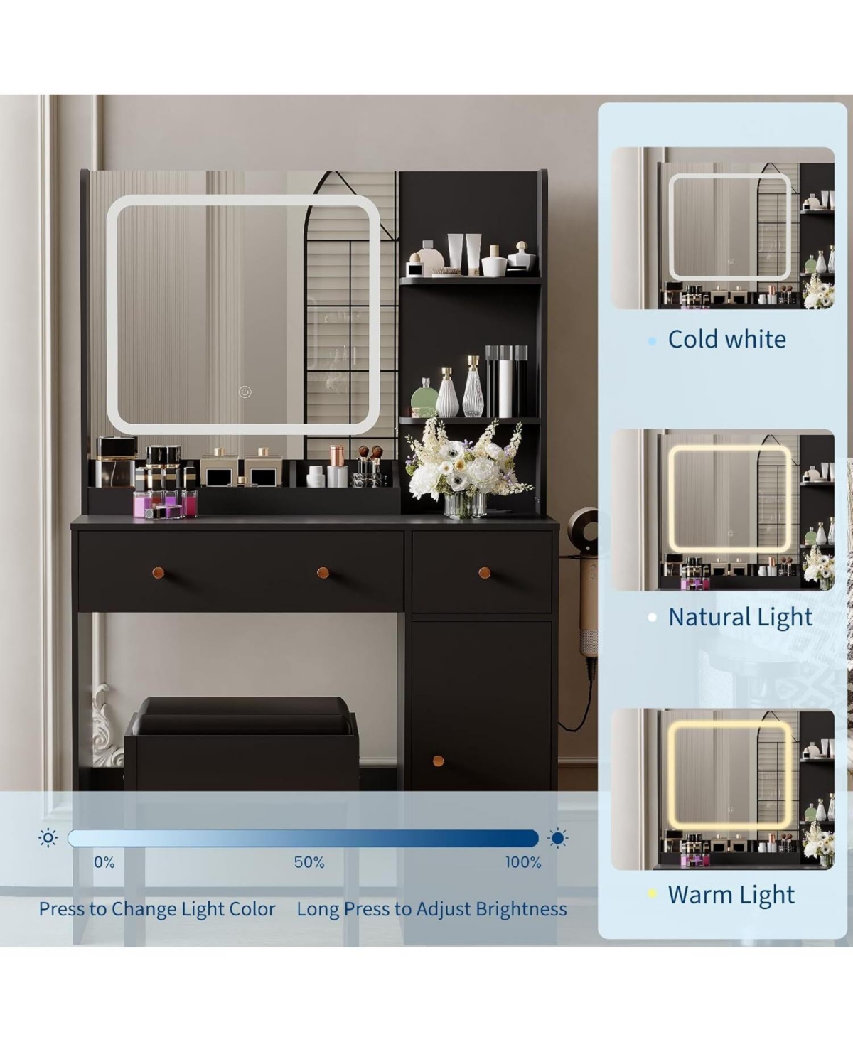 Gaomon Lighted Vanity Desk Set, Bedroom Makeup Dressing Table with Comfortable Padded Stool