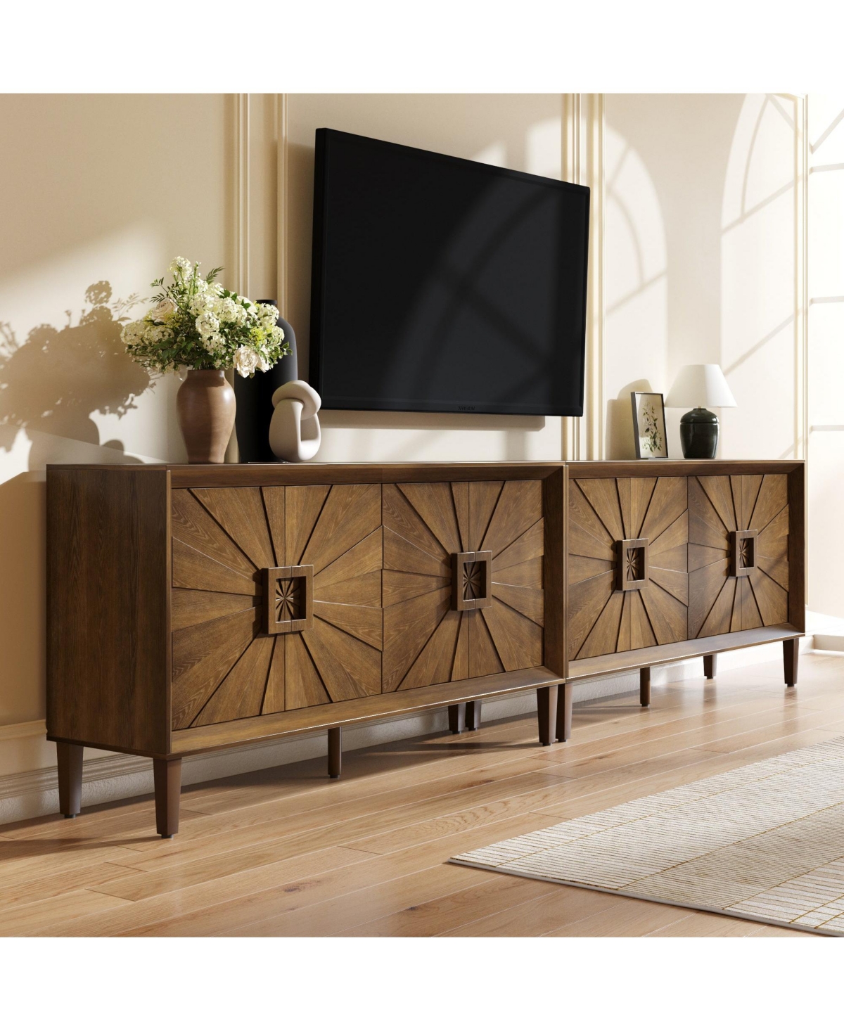 Boyel Living 60" Rustic Farmhouse Wood Credenza with Symmetrical Sunburst Doors