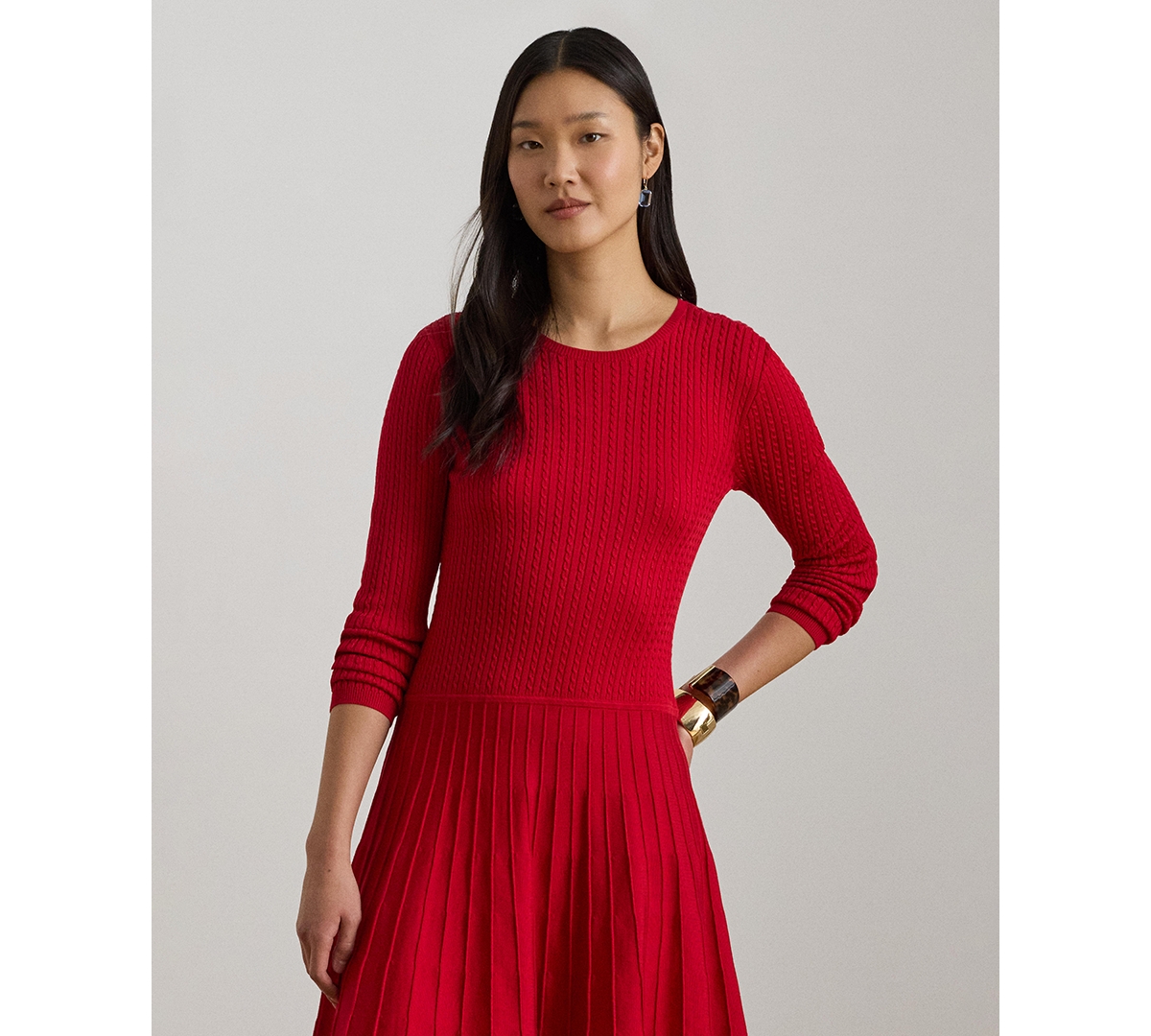 Lauren Ralph Women's Crewneck Pleated Fit and Flare Dress