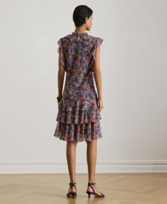 Women's Floral Ruffle Trim Split Neck Dress