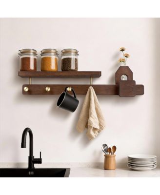 Solid Wood Coat Rack with 4 Copper Hooks, Shelf & Flower Holder