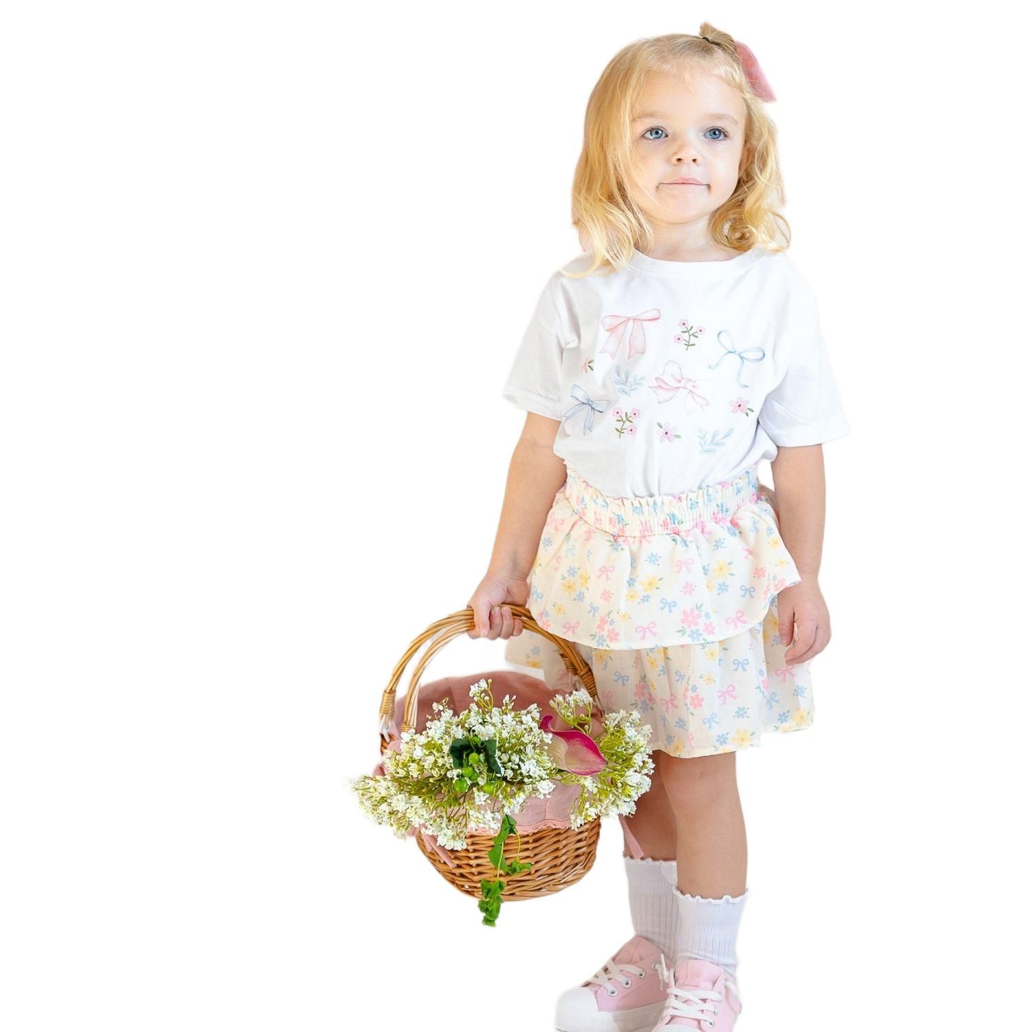 Little Girls Floral & Bow Watercolor Short Sleeve T-Shirt