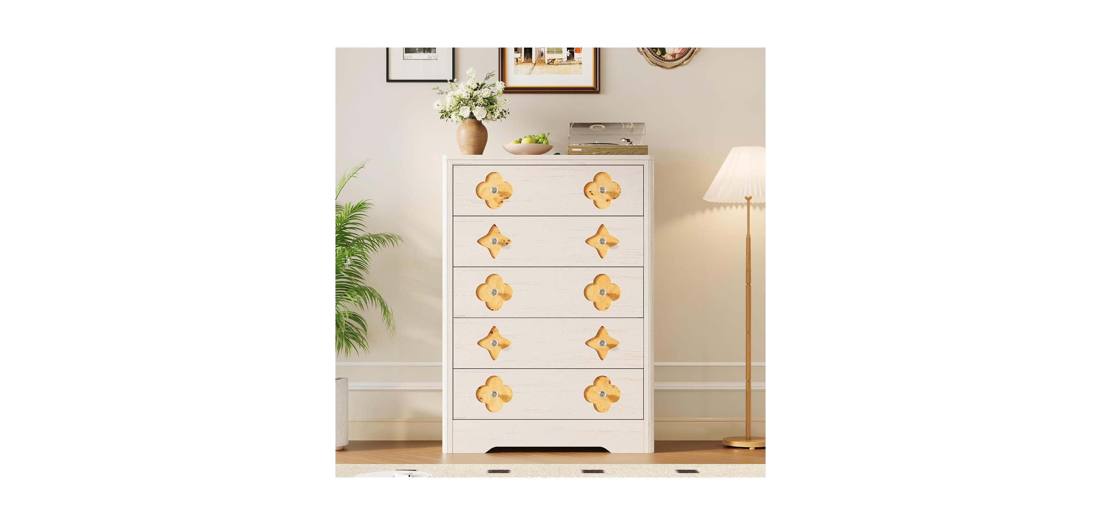 gaomon Fluted 5-Drawer Tall Dresser for Bedroom, 42.9" Wooden Chest of Drawers with Storage