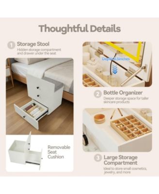3-in-1 Small Vanity Set with Flip-Top Lighted Mirror, Drawers, and Stool