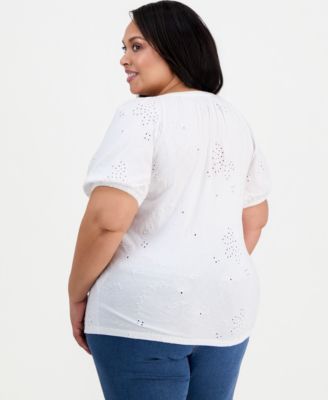 Plus Size Short-Sleeve Eyelet Top