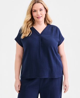 Plus Size Solid V-Neck Camp Shirt, Macy's  Exclusive