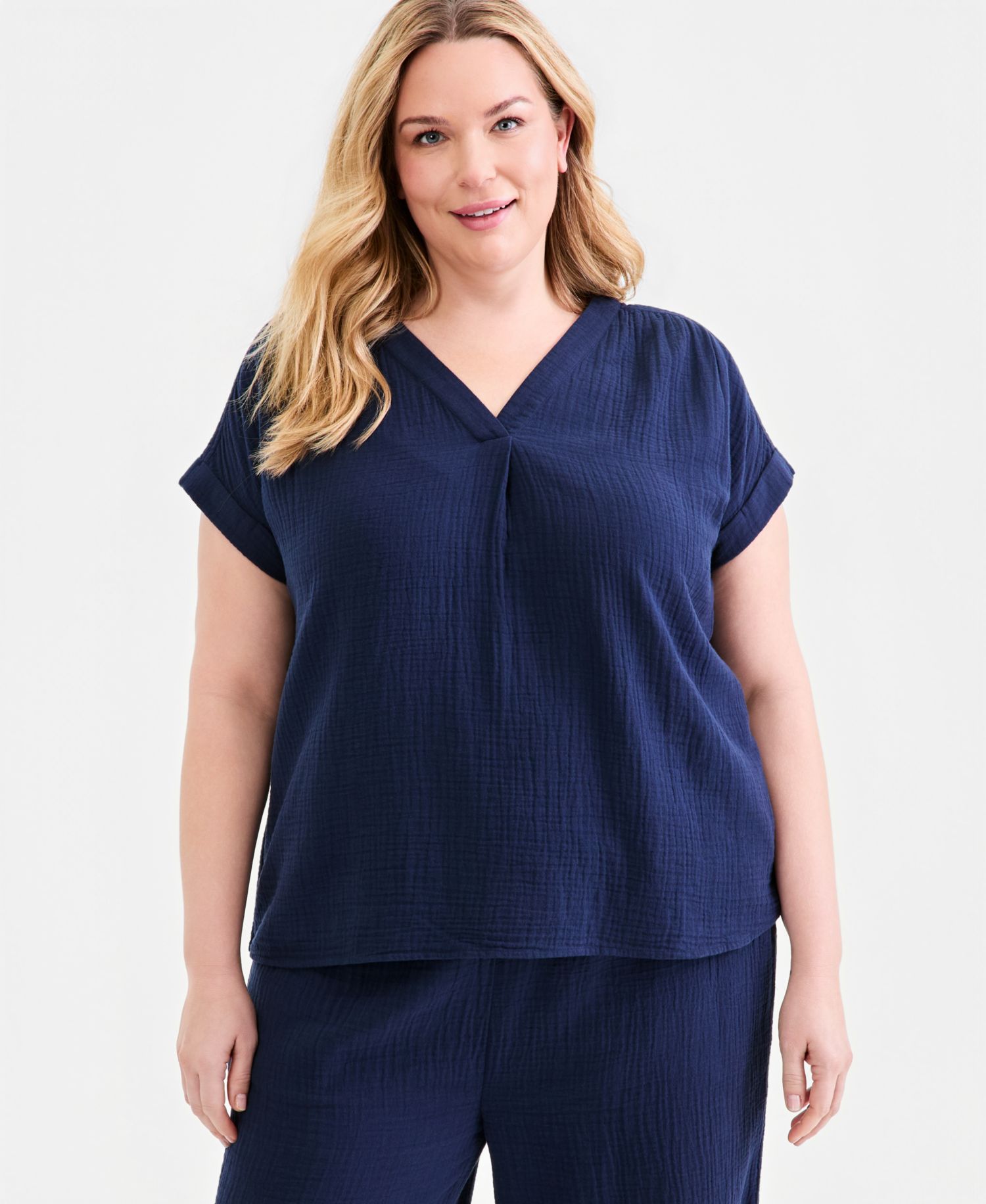 Petite Cotton Gauze V-Neck Short-Sleeve Top