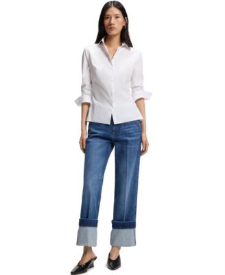 BOSS by Women's Cotton-Blend Poplin Slim-Fit Blouse