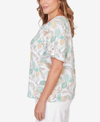 Plus Size Printed Elbow Sleeve Banded V-Notch Top