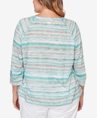 Plus Size Printed Slub 3/4 Sleeve Blouson Top