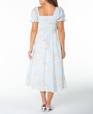 Juniors' Textured Floral Printed Puff-Sleeve Midi Dress