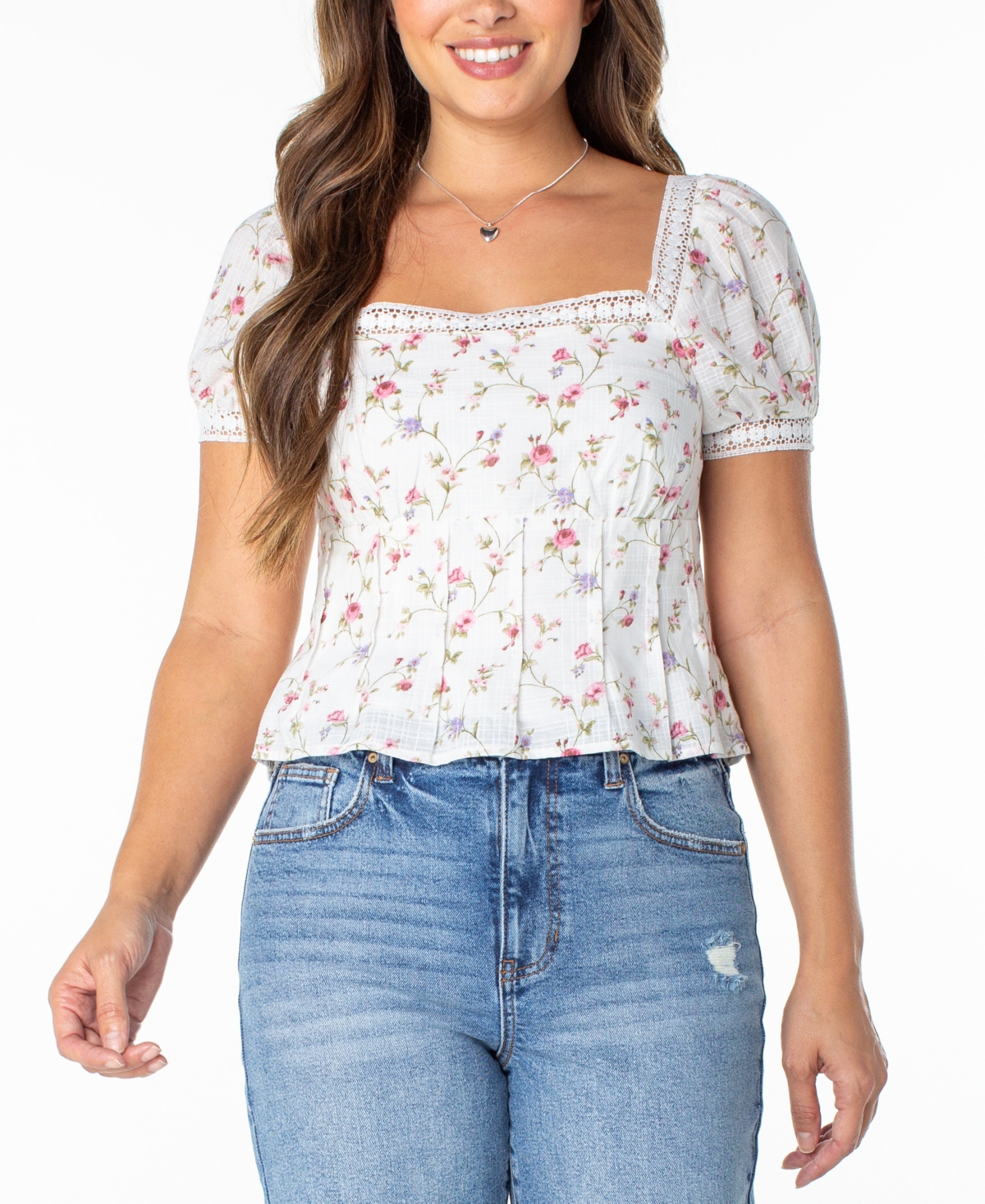 Celebrity Pink Juniors' Lace-Trim Pleated Babydoll Top