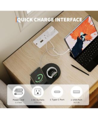 1PC Natural Fluted Nightstand, Drawer Storage Bedside End Table with USB Charging Station