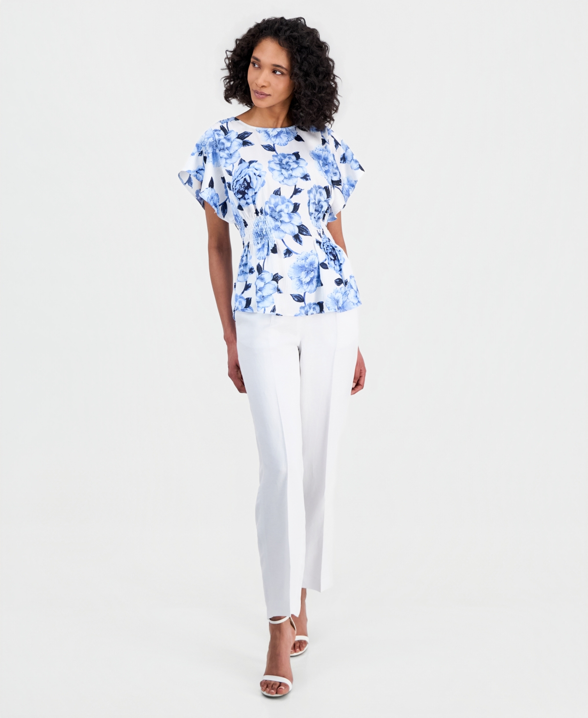 Anne Klein Women's Flutter-Sleeve Smocked-Waist Floral Top