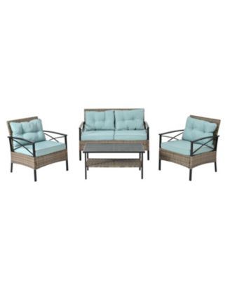 4 Piece PE Wicker Patio Furniture Set 2 Single Chairs 2 Seater Sofa with Black Metal Table Water UV Resistant Cushions