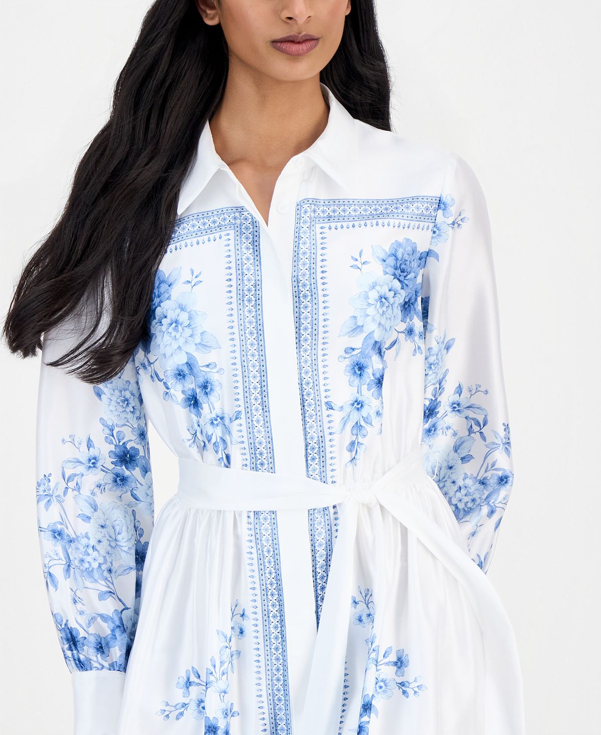 Anne Klein Women's Printed Tie-Waist Midi Shirtdress view 4 — MAYCSS fashion products
