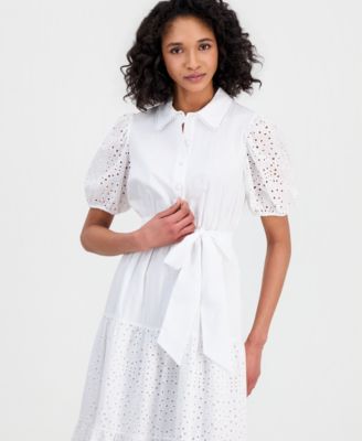 Women's Puff-Sleeve Midi Eyelet Shirtdress