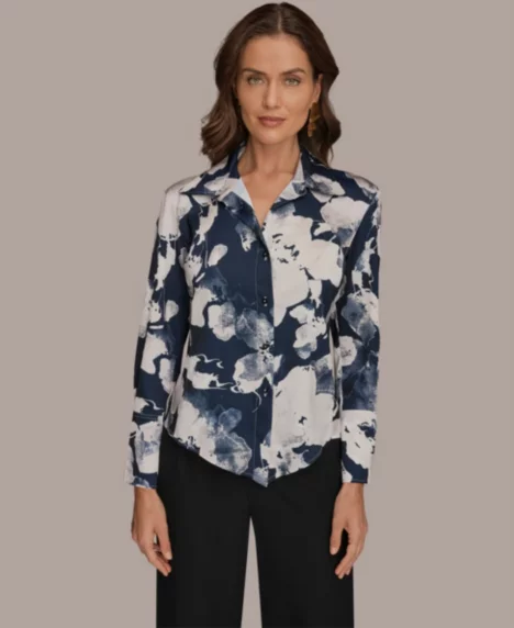 Petite Collared Neck Long-Sleeve Shirt - Nightfall Multi