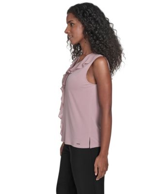 Women's Mixed Media Sleeveless Ruffle-Front Top