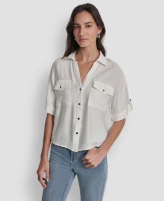 Women's Collared Neck Short Roll Tab Sleeve Shirt