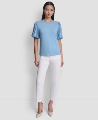 Women's Puffed Crew Neck Mix Media Knit Top