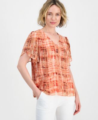 Women's Plaid Tulip-Sleeve Blouse