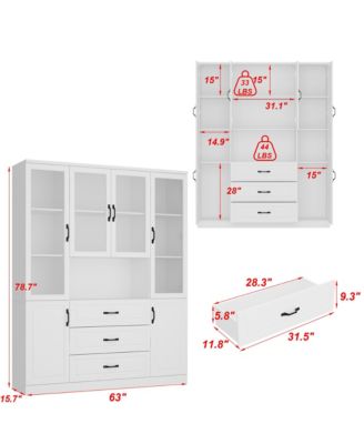 Kitchen Storage Cabinet with Glass Doors, Kitchen Pantry Cabinet with Shelves & 3 Drawers