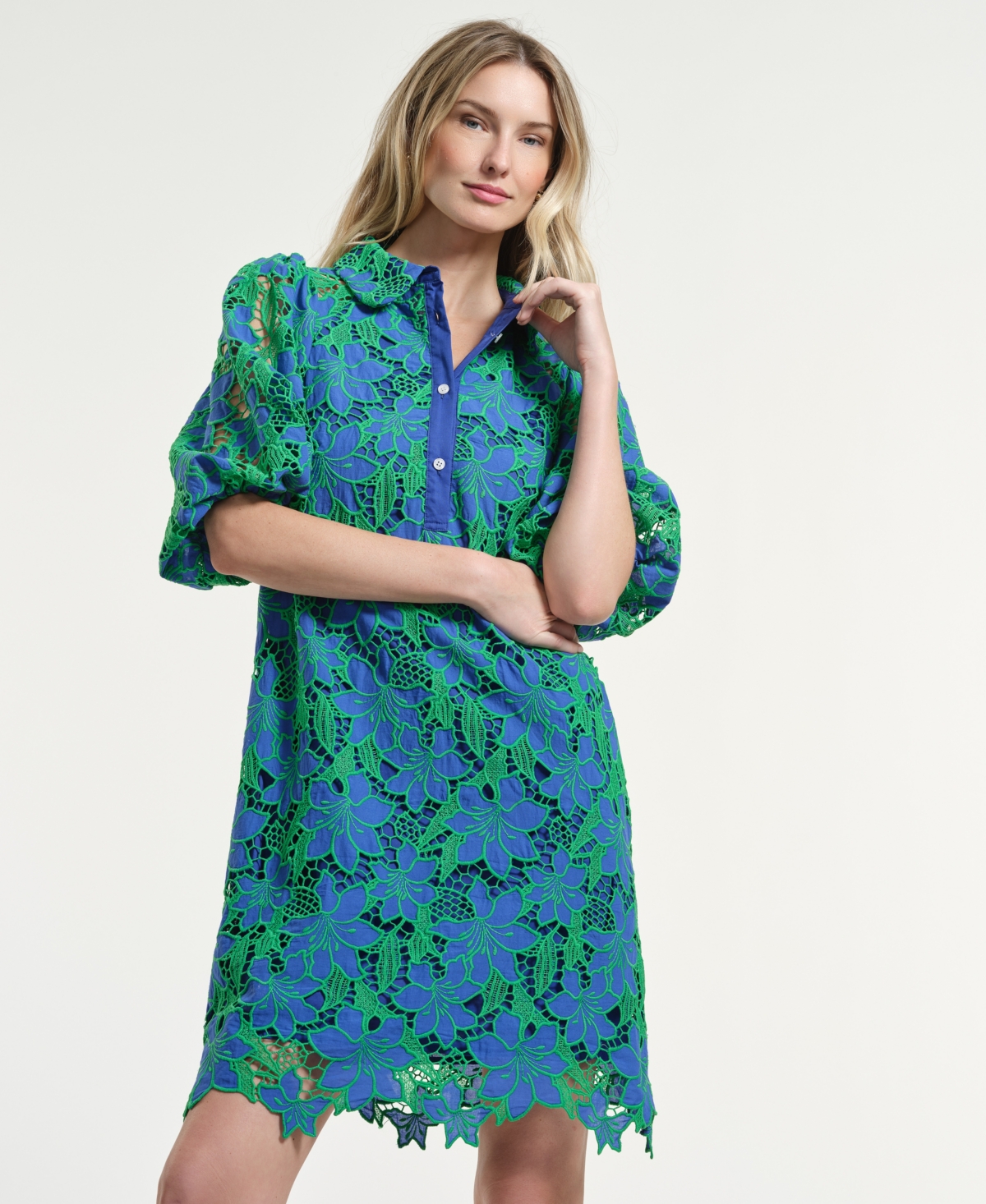 Isaac Mizrahi Women's Eyelet Blouson Collared Neck Dress