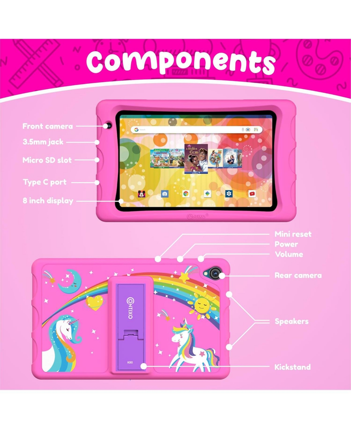 Contixo K80A 8" Kids Learning Tablets, Disney eBook Pre-Installed, Android 13, 32GB, Kid-Proof Case & Stylus