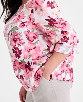 Plus Size Linen Floral-Print 3/4-Sleeve Blouse