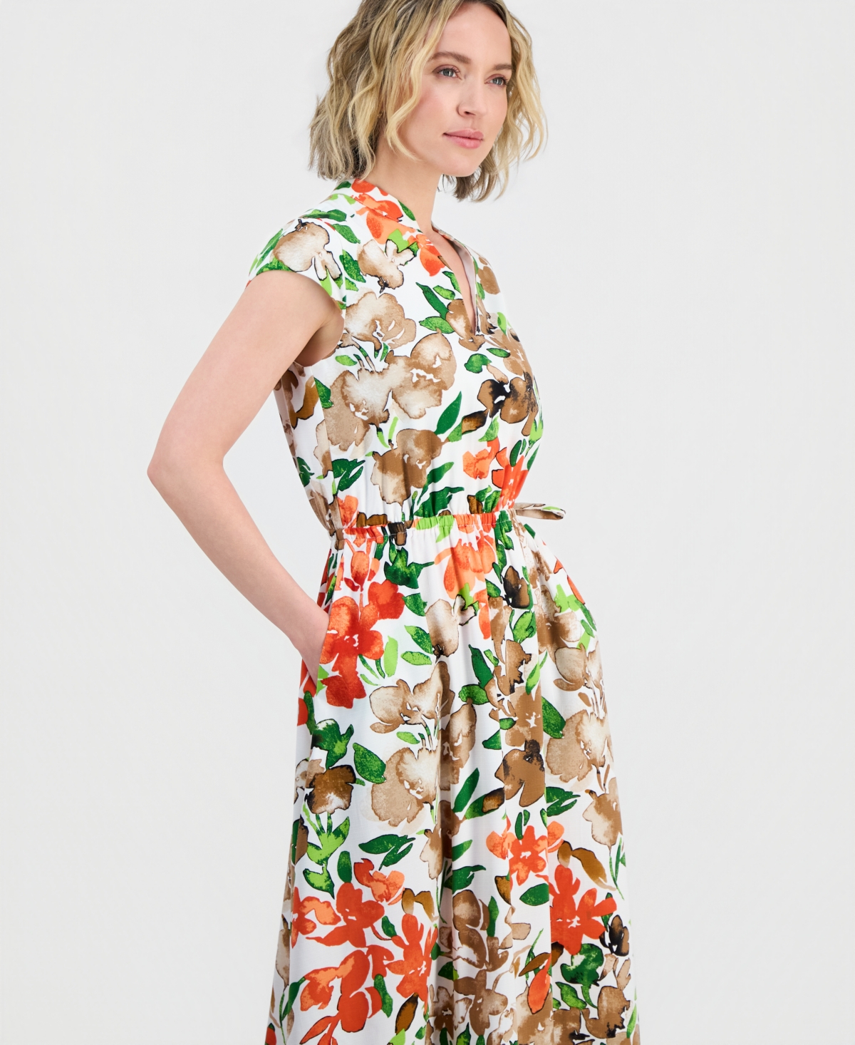 Kasper Women's Cap-Sleeve Drawstring Midi Dress