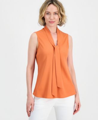 Women's Solid Sleeveless Tie-Neck Blouse, Regular & Petite